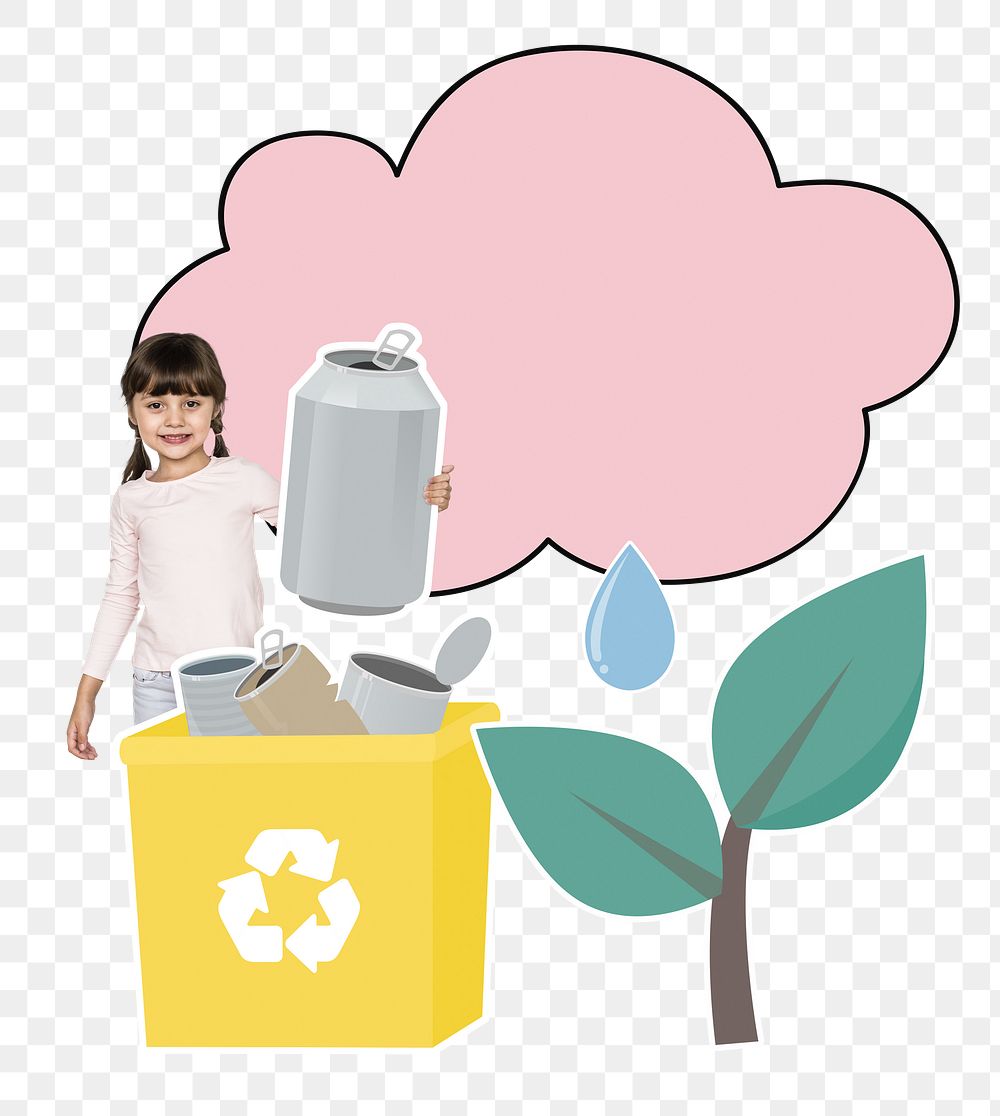 Recycling bin png young girl, transparent background