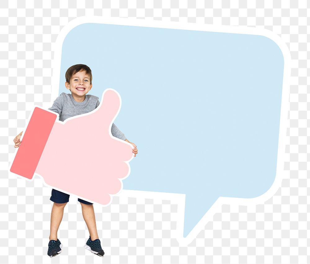 Png little kid holding a pink thumbs up icon, transparent background