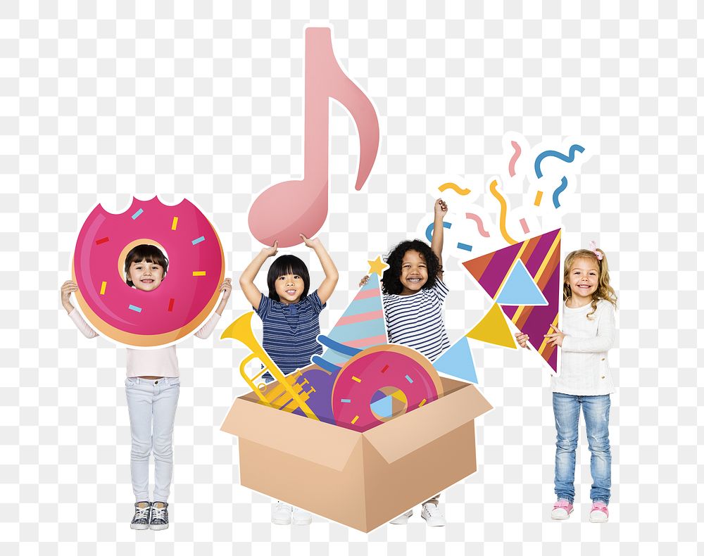 Png diverse kids with party items, transparent background