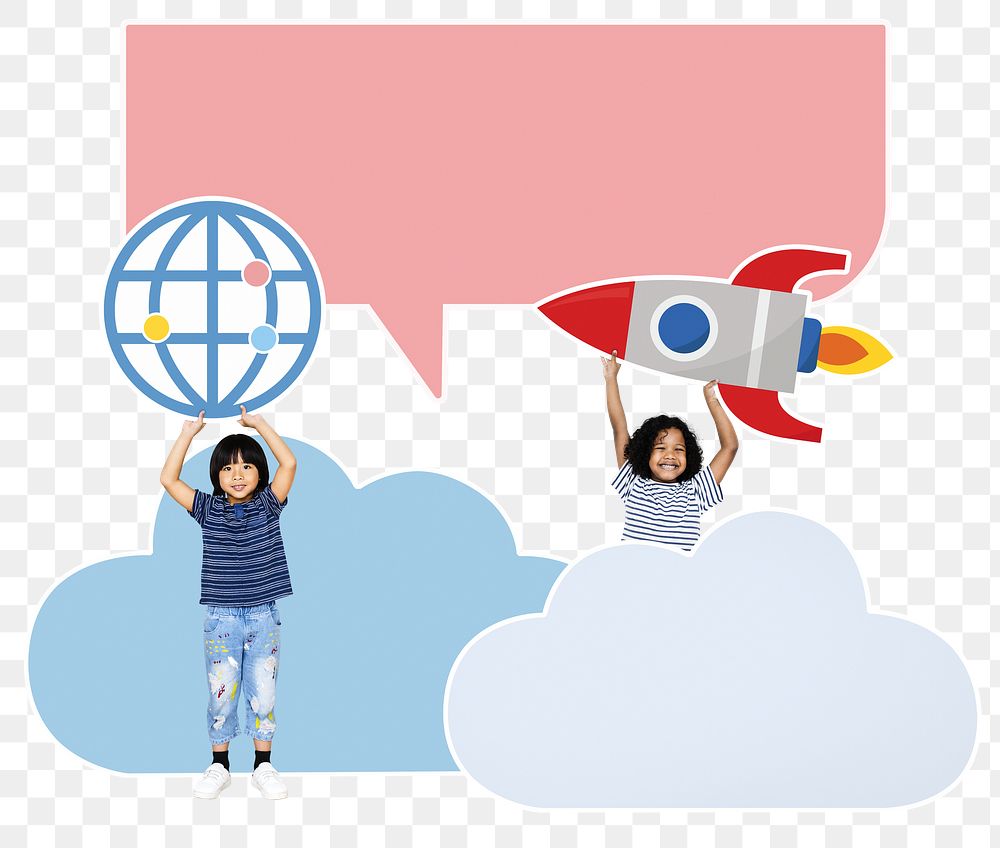 Png little boys holding technology icons, transparent background