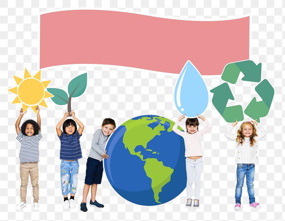 Png  diverse kids spreading environmental awareness, transparent background