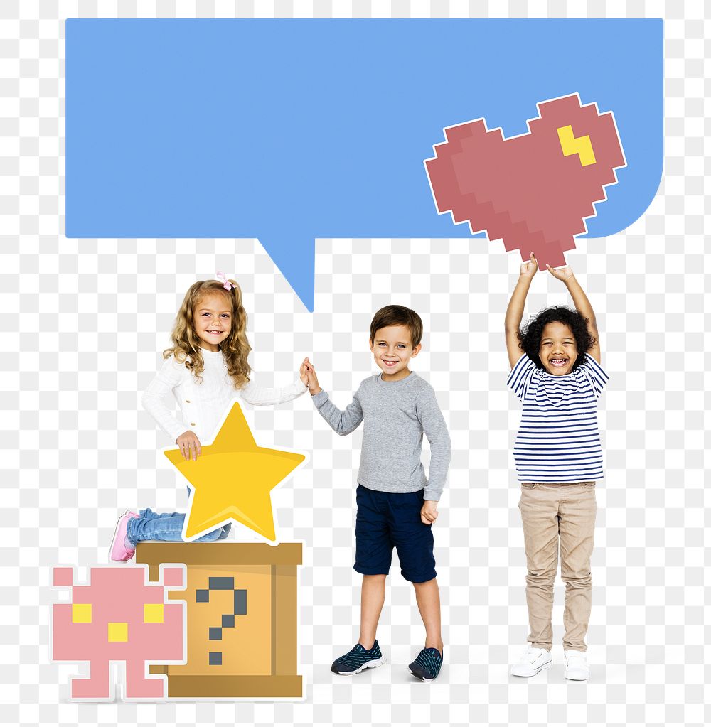 Png happy  kids with pixilated gaming icons, transparent background
