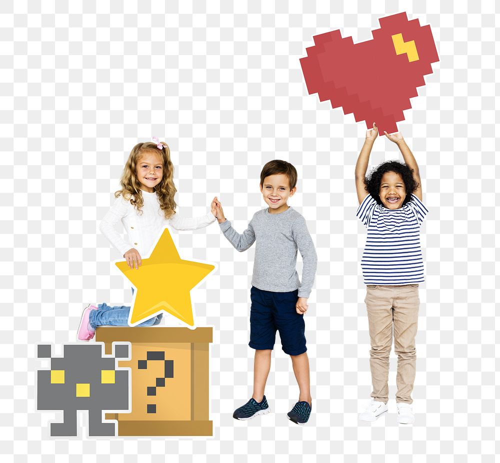 Png  happy kids with pixilated gaming icons, transparent background