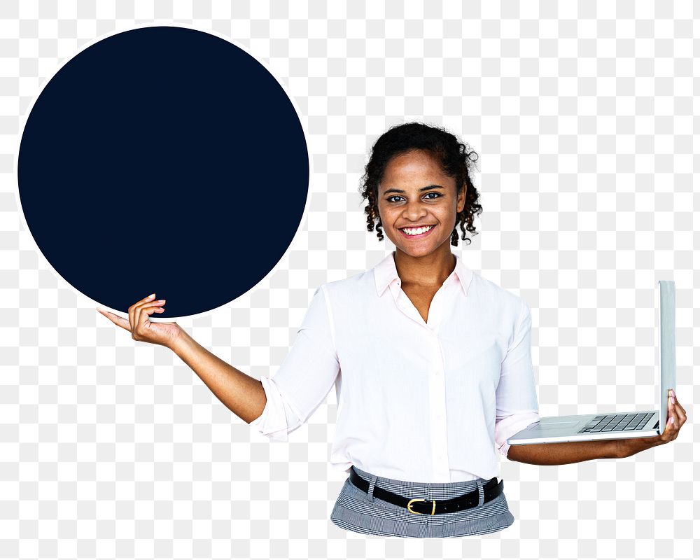 Businesswoman holding round board png element, transparent background