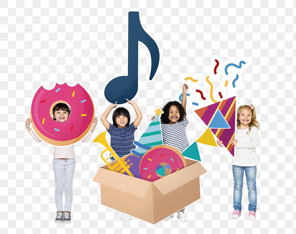 Png kids preparing for a birthday party, transparent background