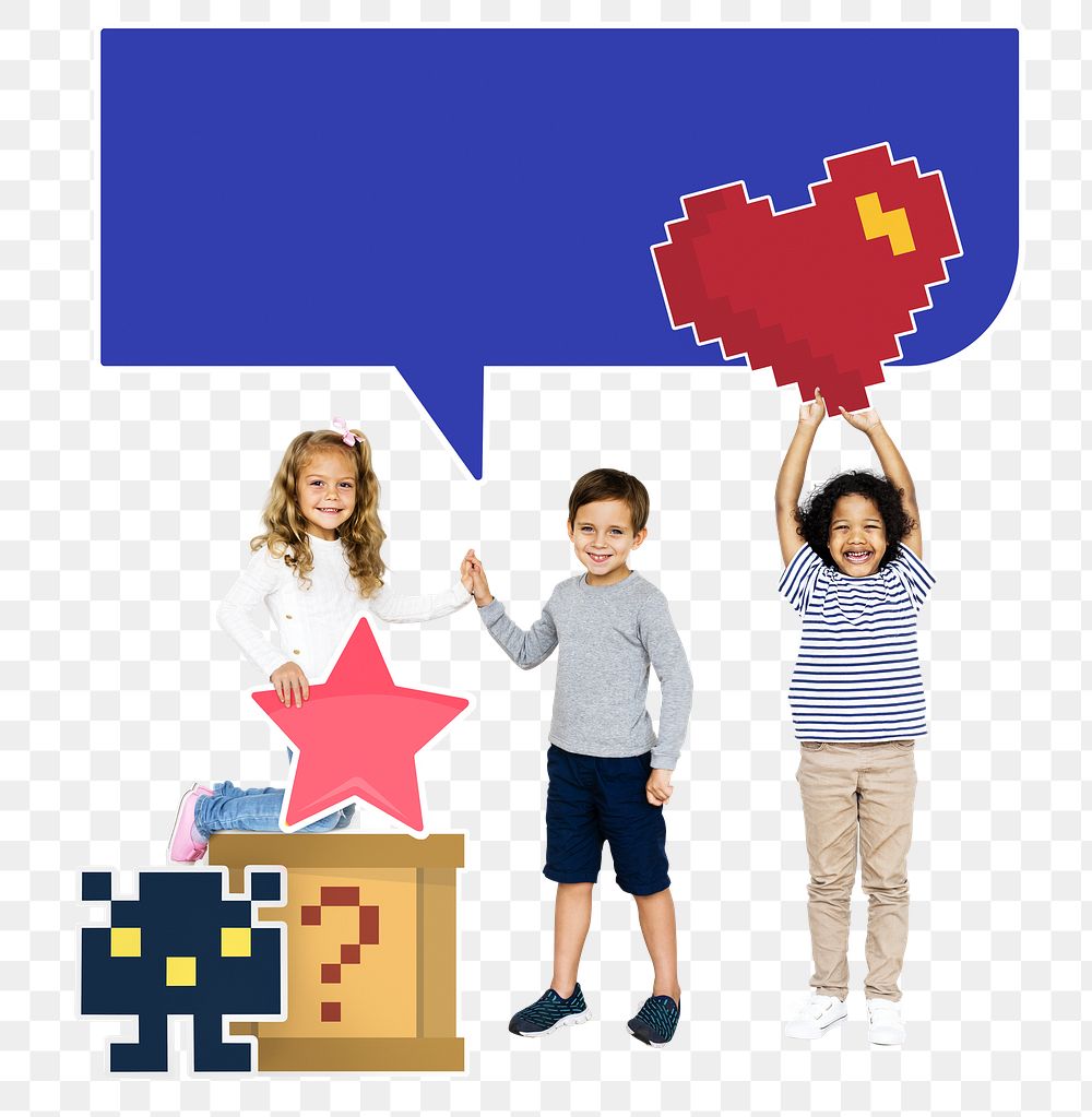 Png diverse kids with pixilated gaming icons, transparent background