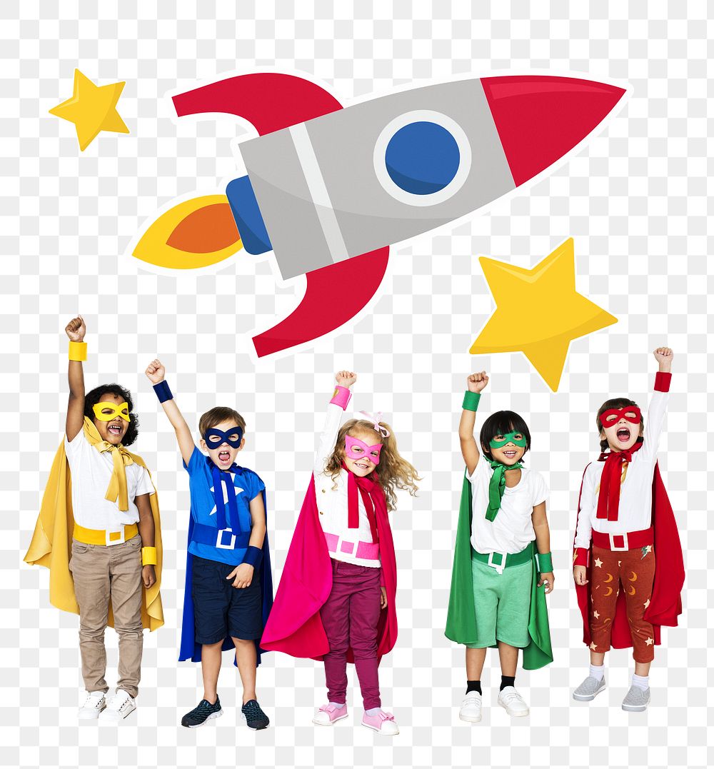 Png young superheroes with rocket icon, transparent background