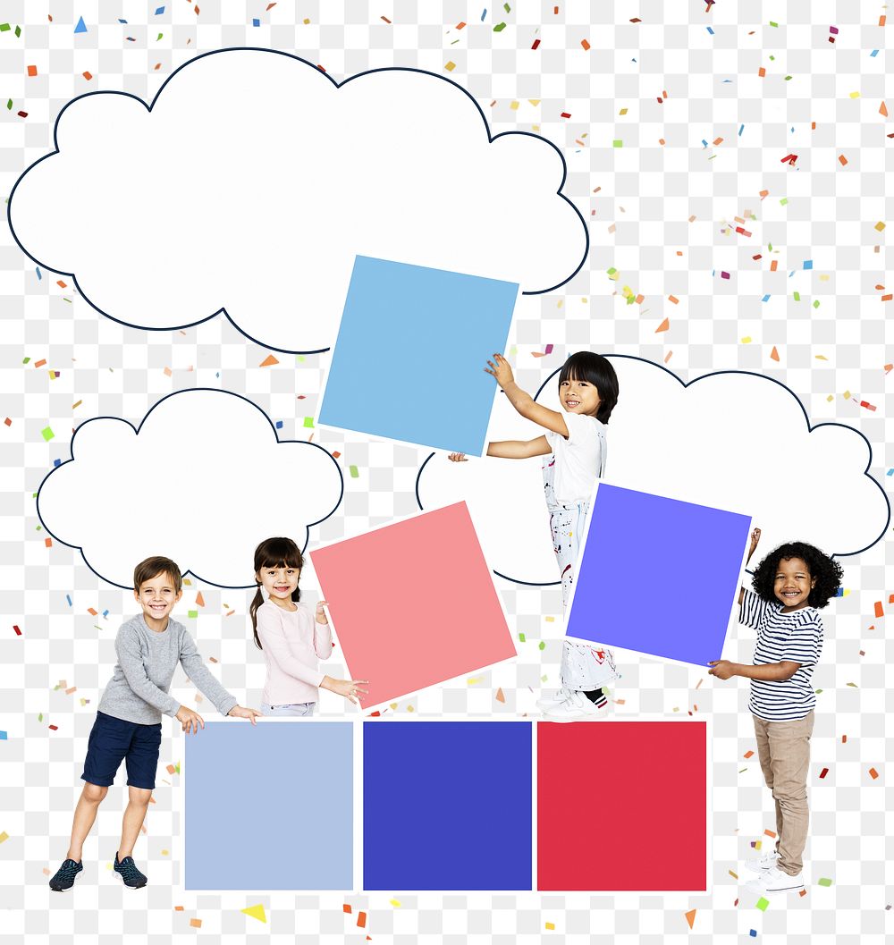 Png diverse happy kids stacking empty square boards, transparent background
