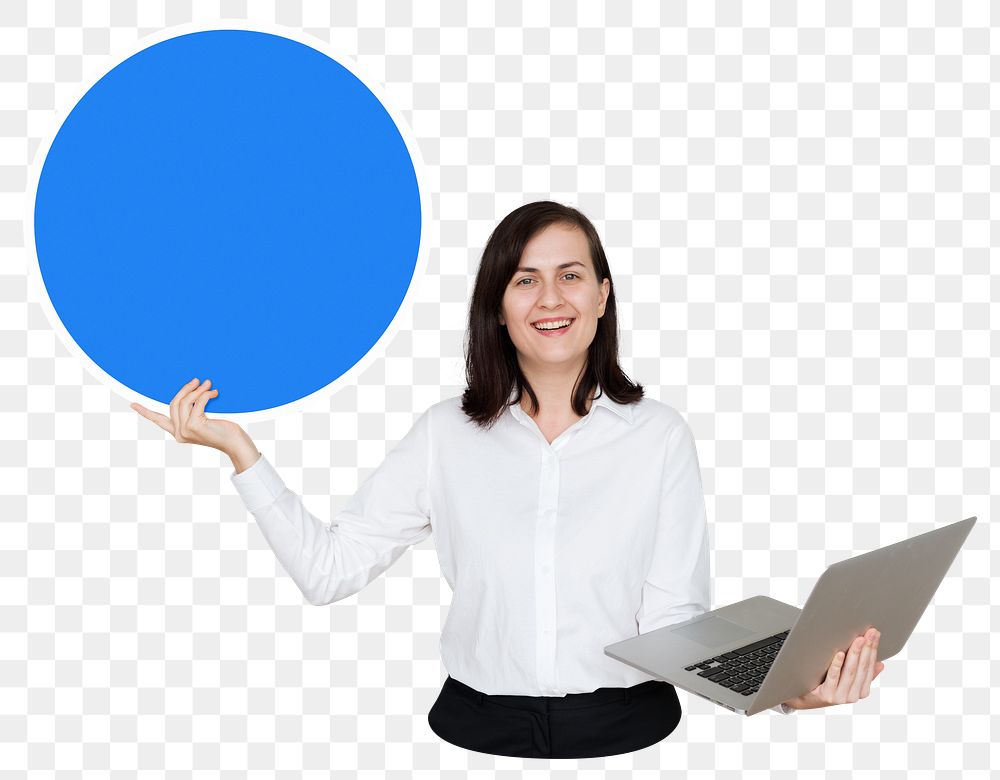 Businesswoman holding round board png element, transparent background