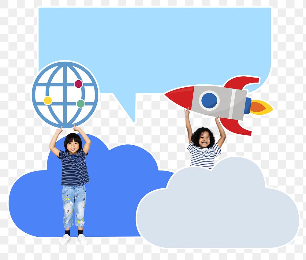 Png cheerful kids holding technology icons, transparent background