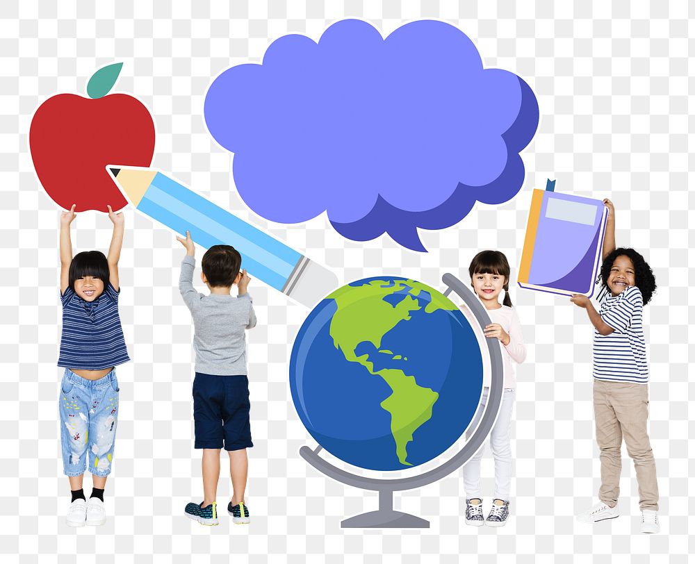 Png diverse kids holding education icons, transparent background