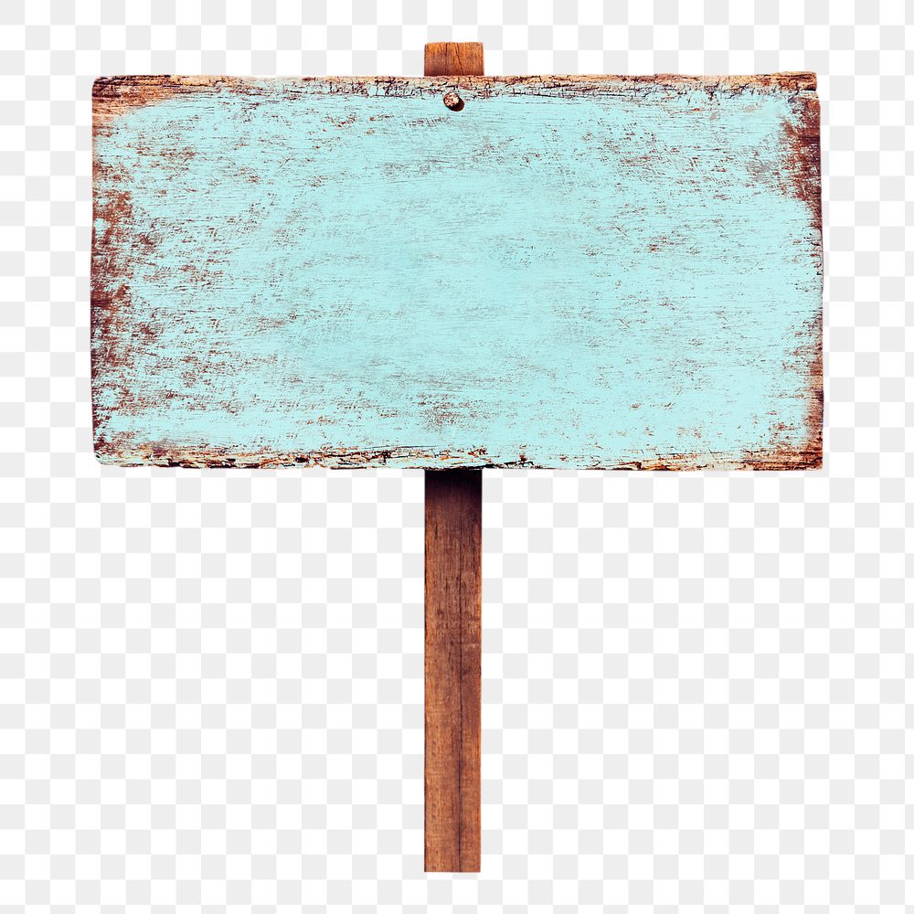 Png blue painted wooden sign, isolated object, transparent background