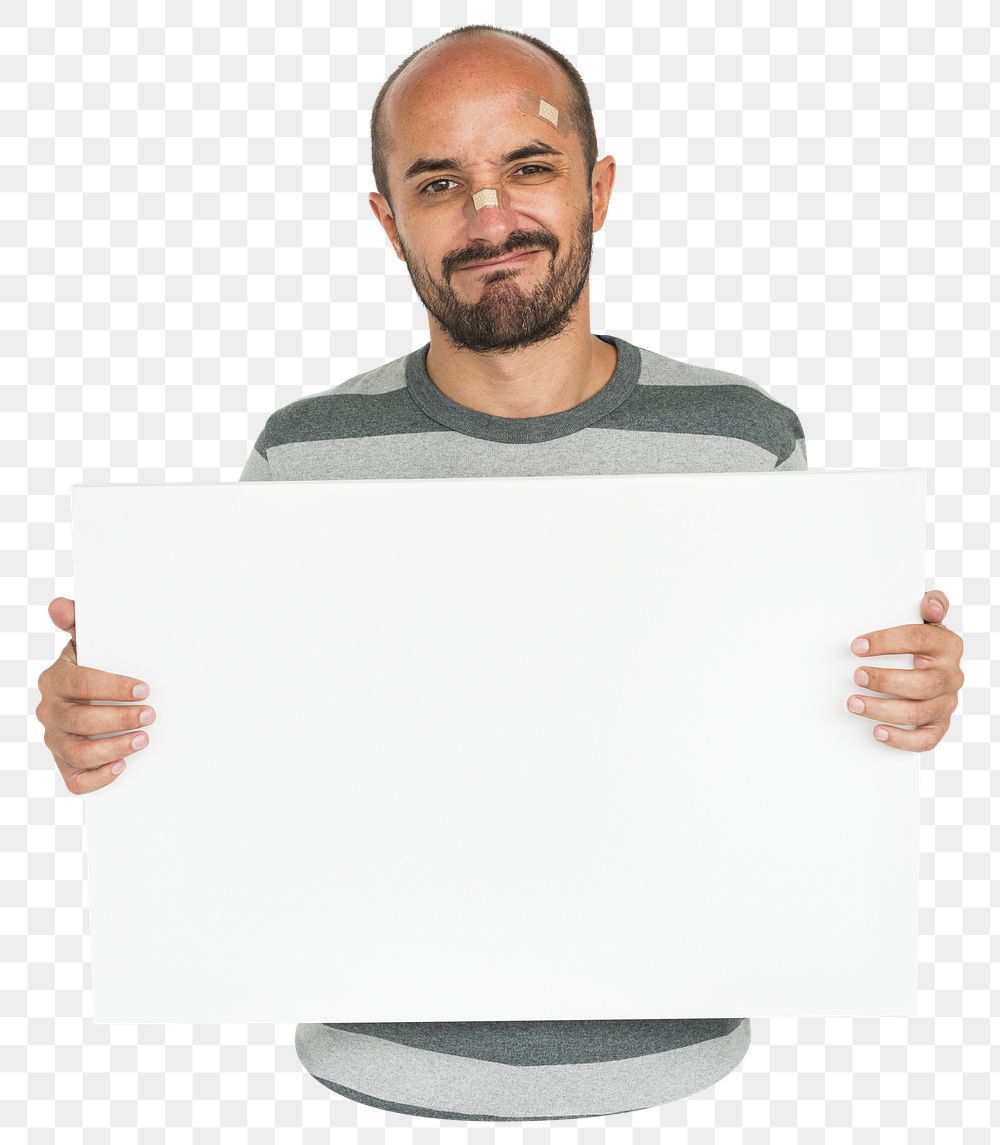 Man holding blank placard png element, transparent background