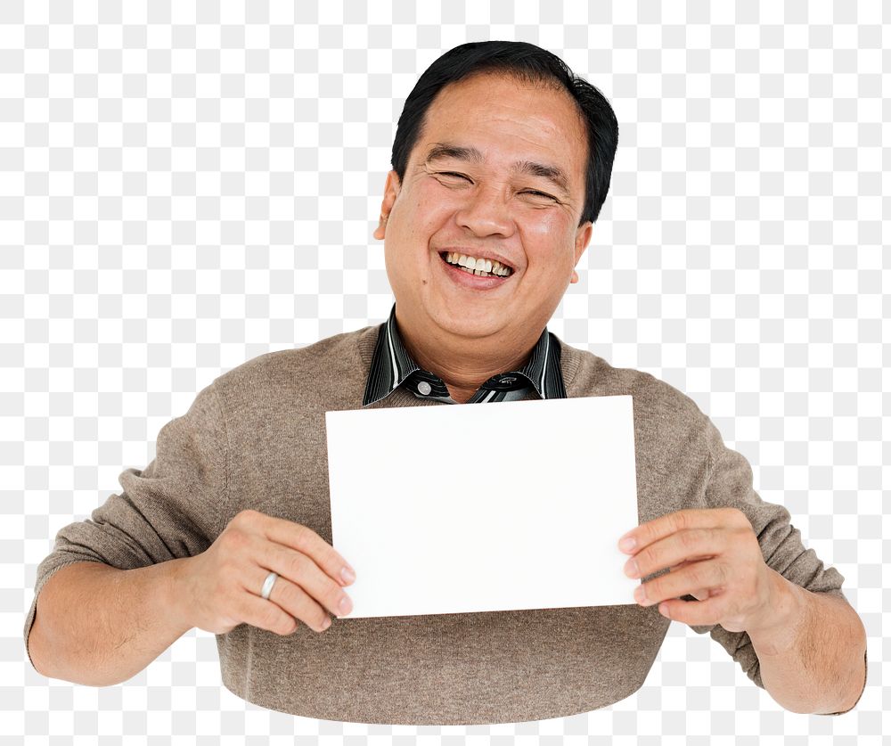 Male holding blank paper png element, transparent background