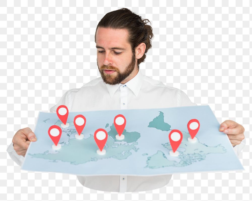 Man holding map png element, transparent background