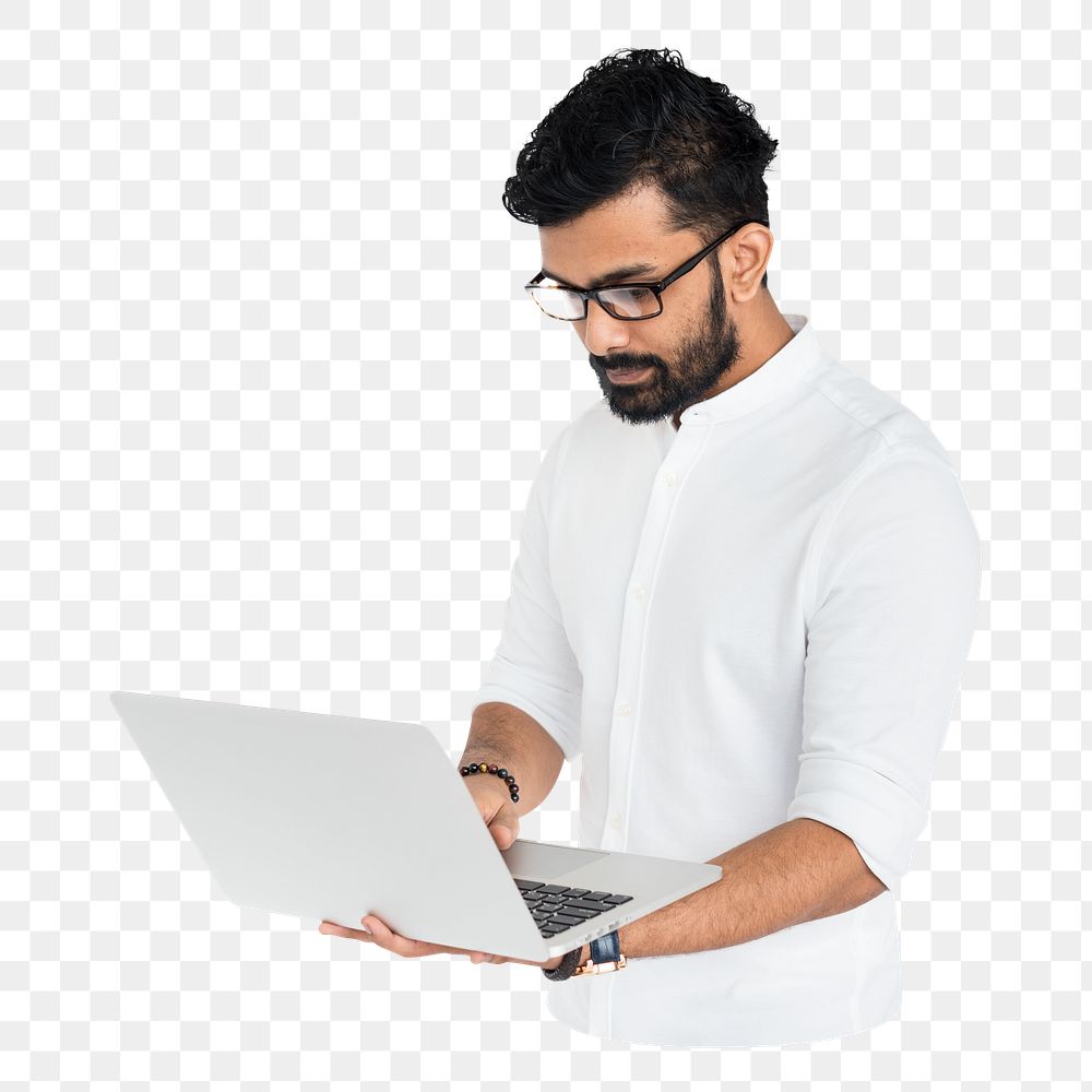 Man holding laptop png element, transparent background