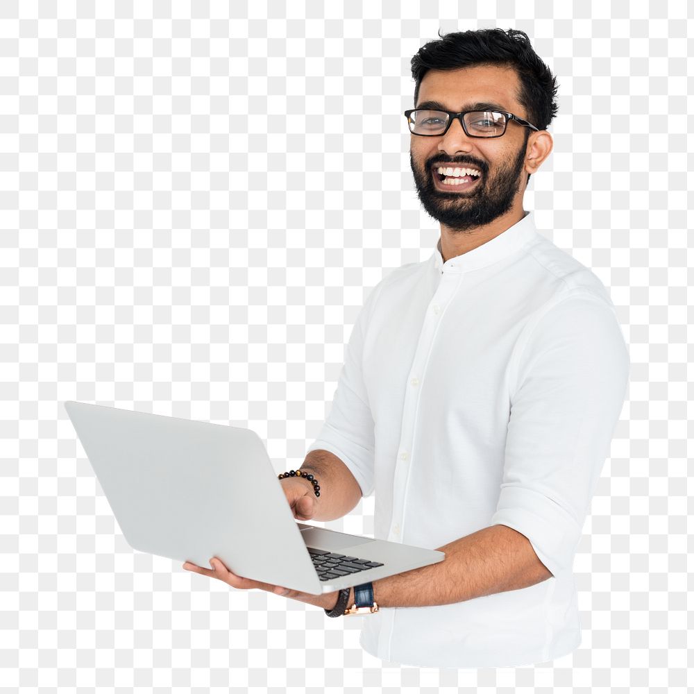 Man holding laptop png element, transparent background