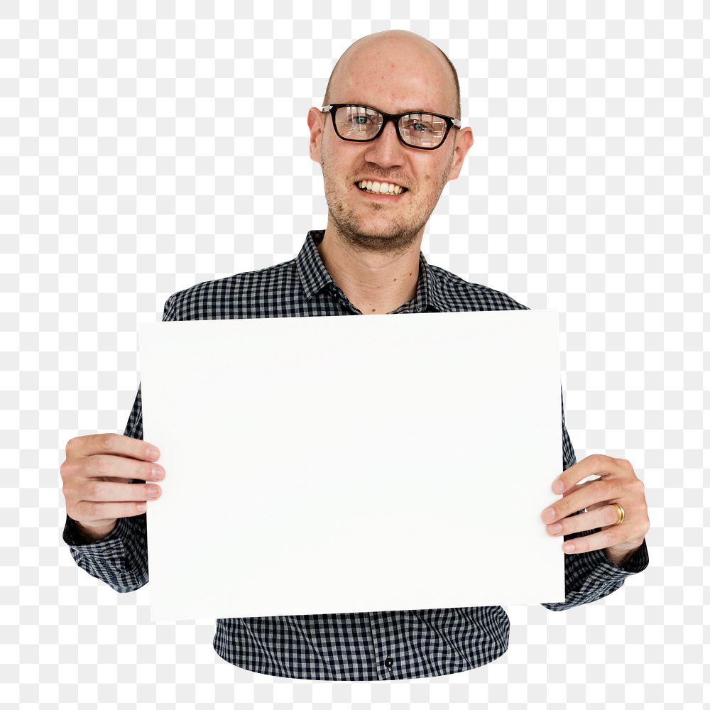 Man holding blank sign png element, transparent background