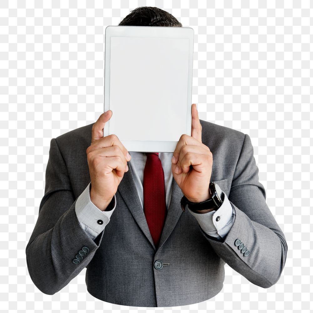 Man holding tablet png element, transparent background