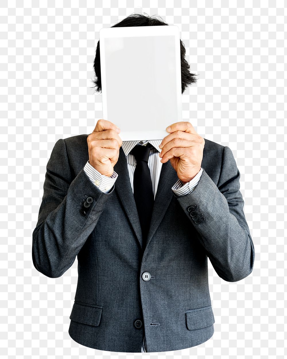 Man holding tablet png element, transparent background