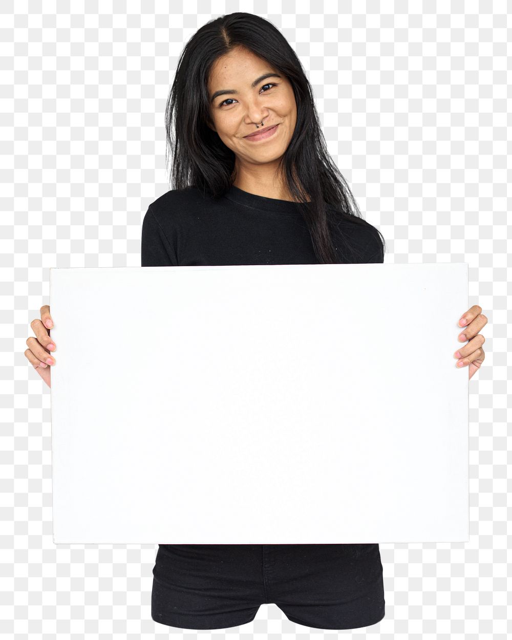 Woman holding placard png element, transparent background