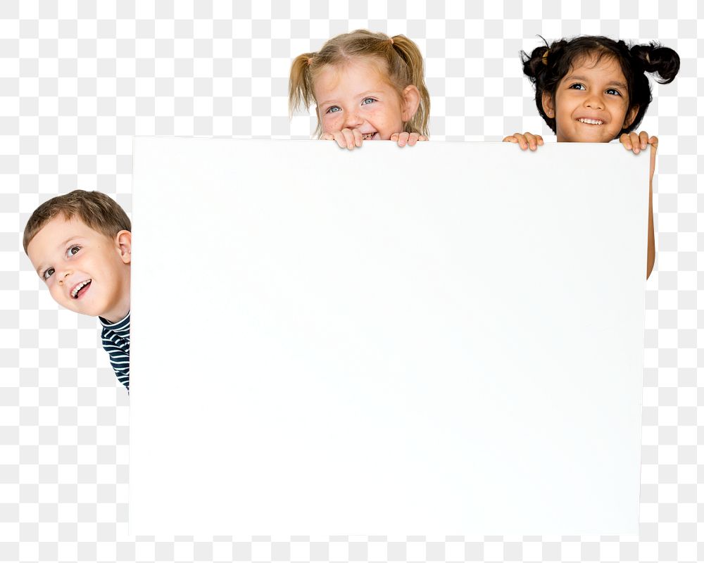 Kids holding blank sign png element, transparent background
