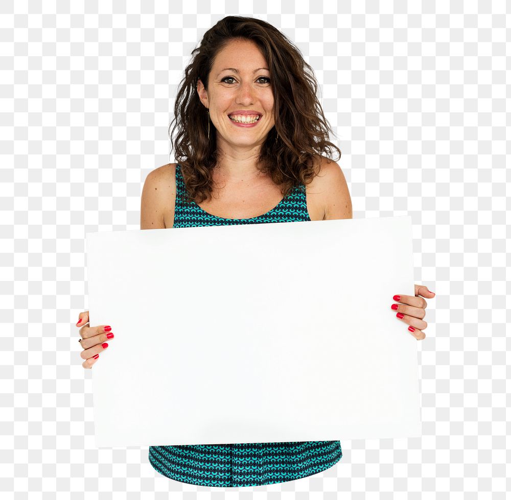 Woman holding placard png element, transparent background