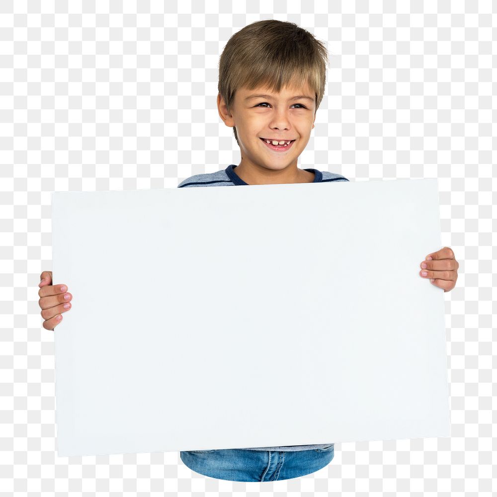 Kid holding blank sign png element, transparent background