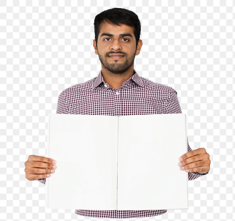 Man holding blank pages png element, transparent background