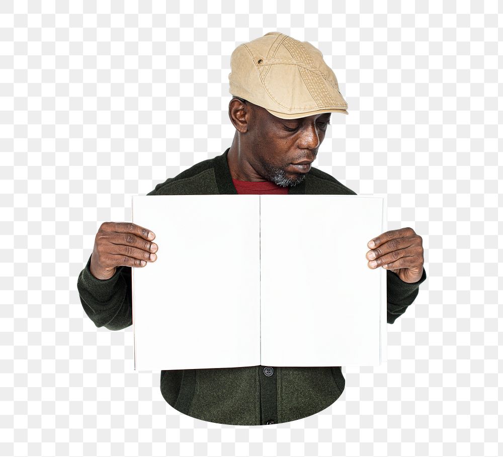 Man holding blank pages png element, transparent background