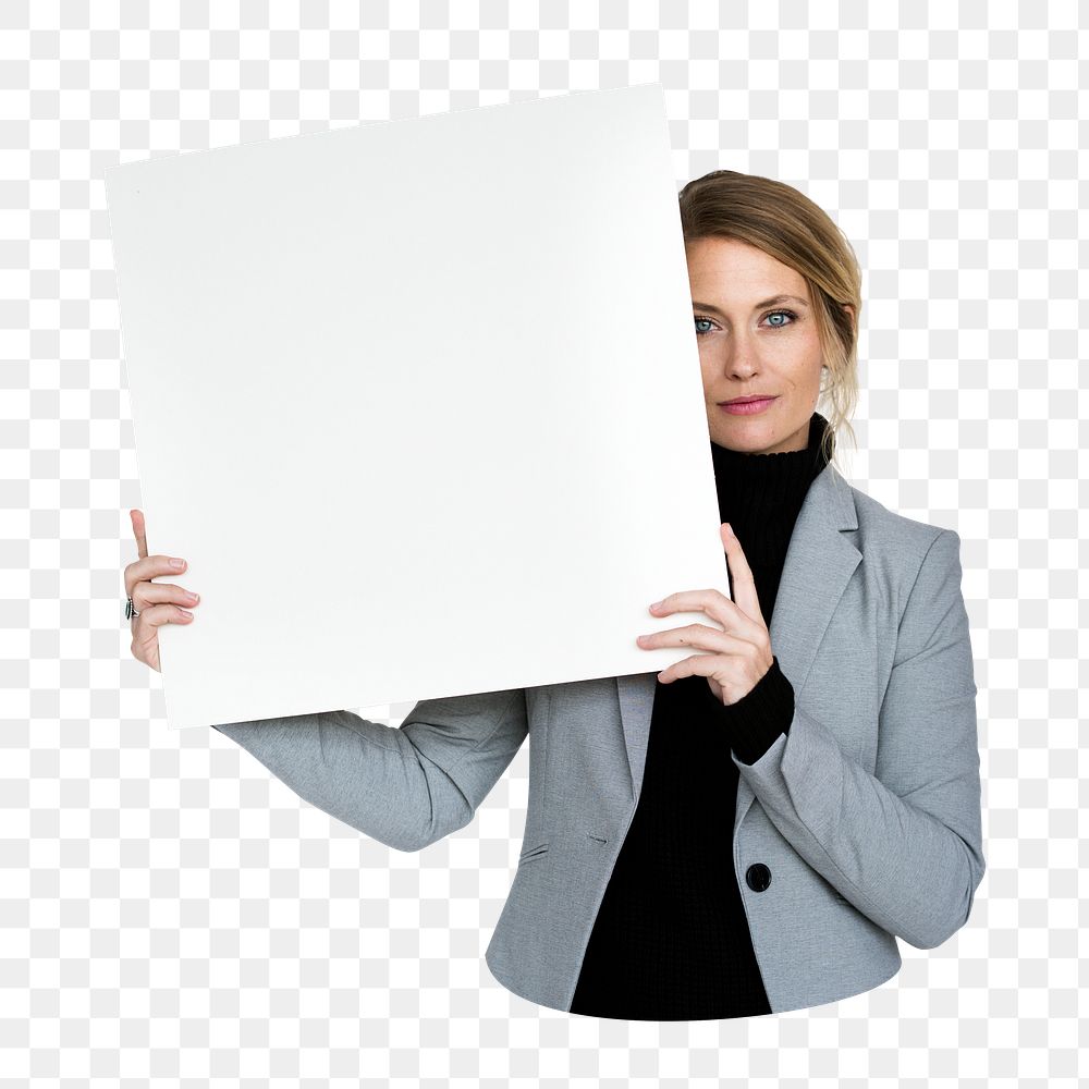 Businesswoman holding blank sign png element, transparent background