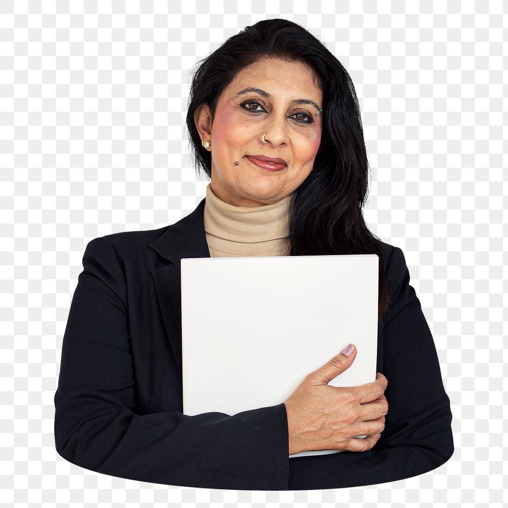 Businesswoman holding blank sign png element, transparent background