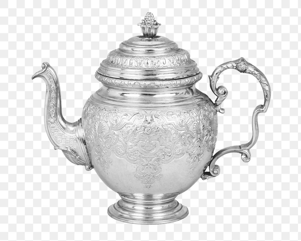 Silver teapot png, vintage kitchenware image, transparent background. Remixed by rawpixel.