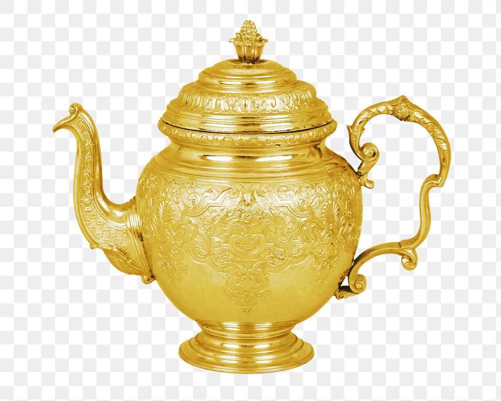 Gold teapot png, vintage kitchenware image, transparent background. Remixed by rawpixel.