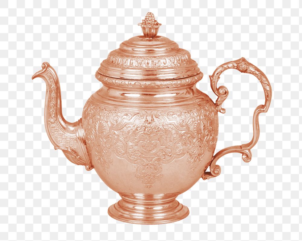 Rose gold teapot png, vintage kitchenware image, transparent background. Remixed by rawpixel.