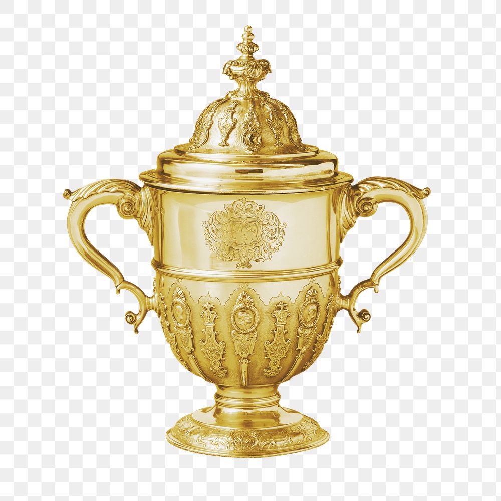 Gold two-handled png cup, vintage decoration, transparent background. Remixed by rawpixel.