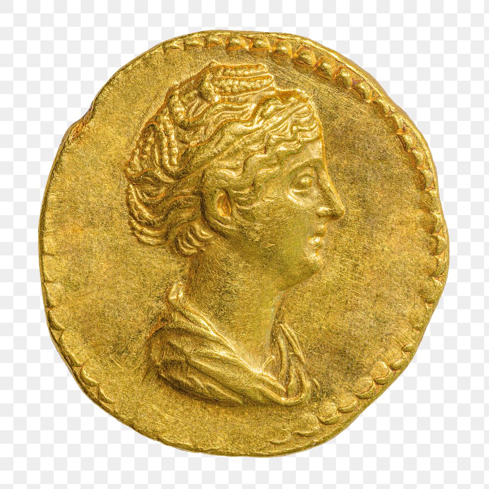Gold Aureus coin png, ancient Roman money, transparent background. Remixed by rawpixel.