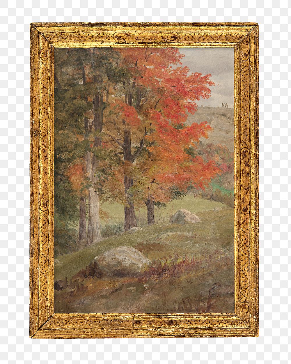 Gold picture frame png, with Woods in Autumn painting on transparent background. Remixed by rawpixel.