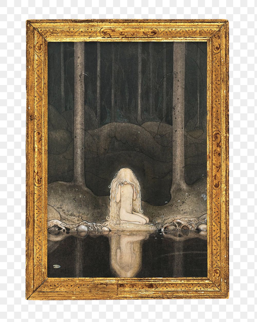 Gold picture frame png, with John Bauer's famous painting on transparent background. Remixed by rawpixel.