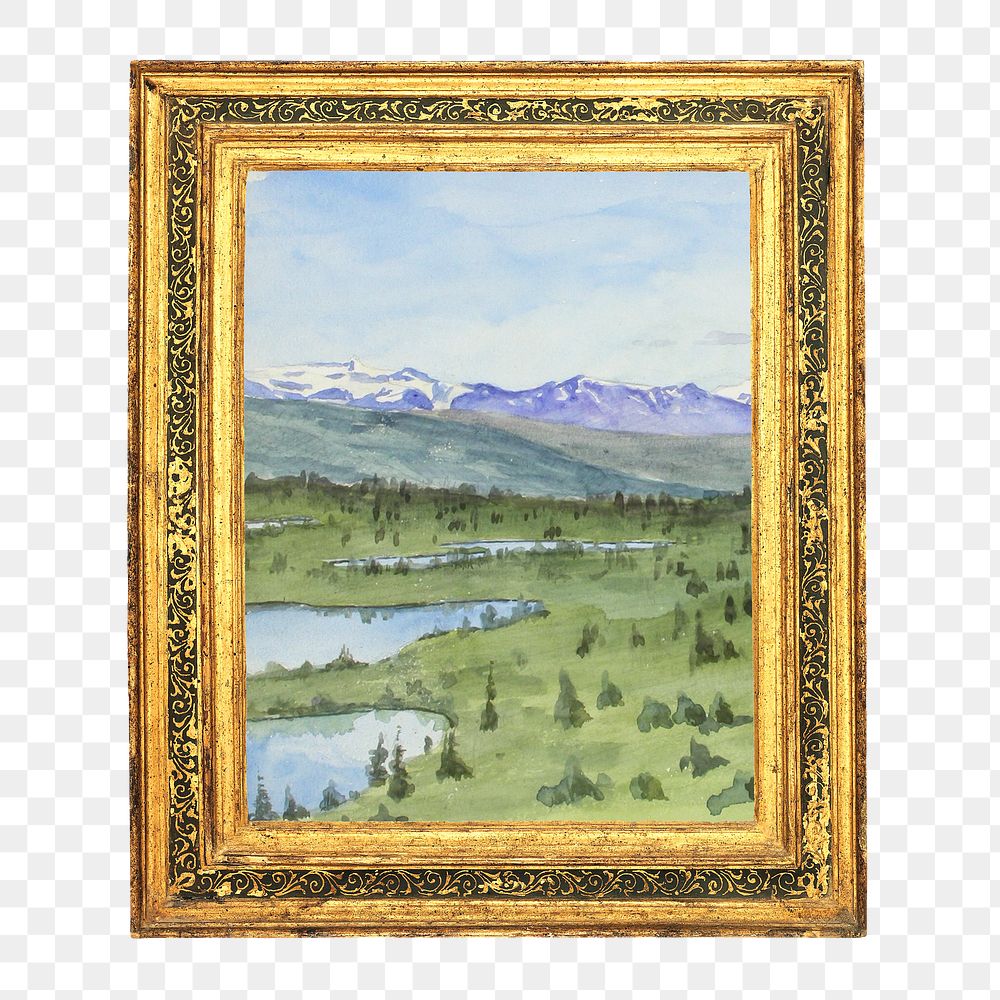 Gold picture frame png, with Landscape study from Norway painting on transparent background. Remixed by rawpixel.