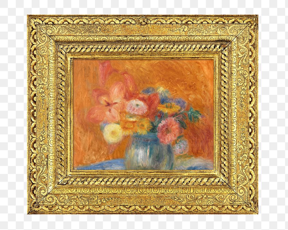 Gold picture frame png, with Green Bowl of Flowers painting on transparent background. Remixed by rawpixel.