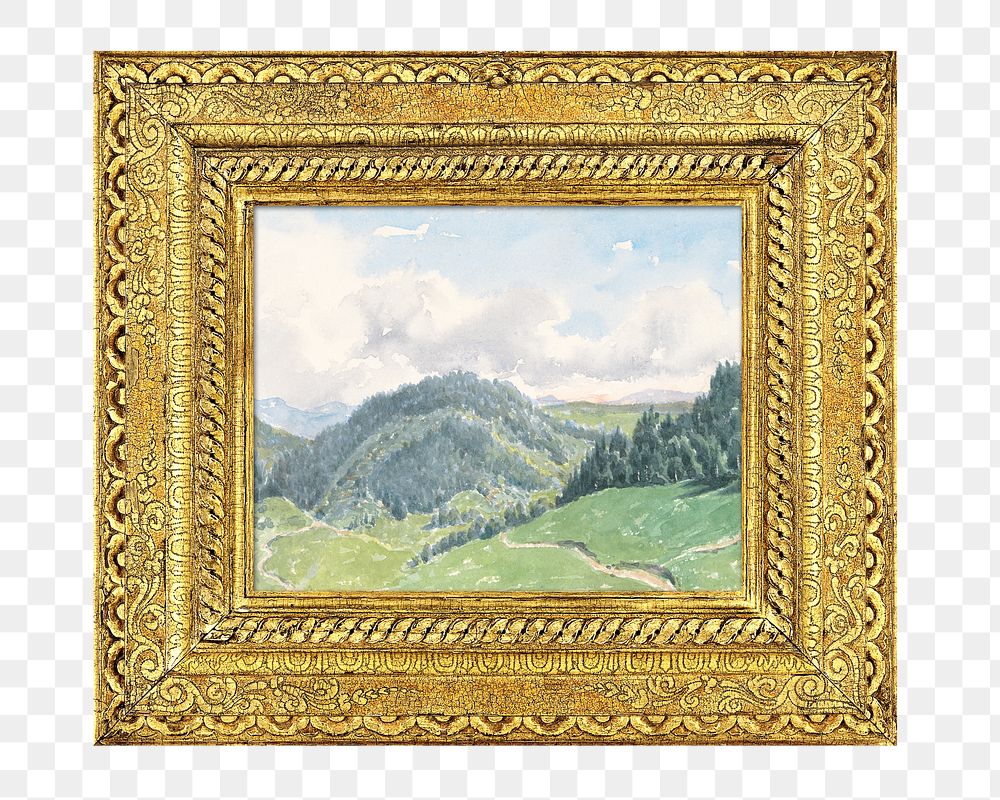 Gold picture frame png, with Mountain landscape painting on transparent background. Remixed by rawpixel.