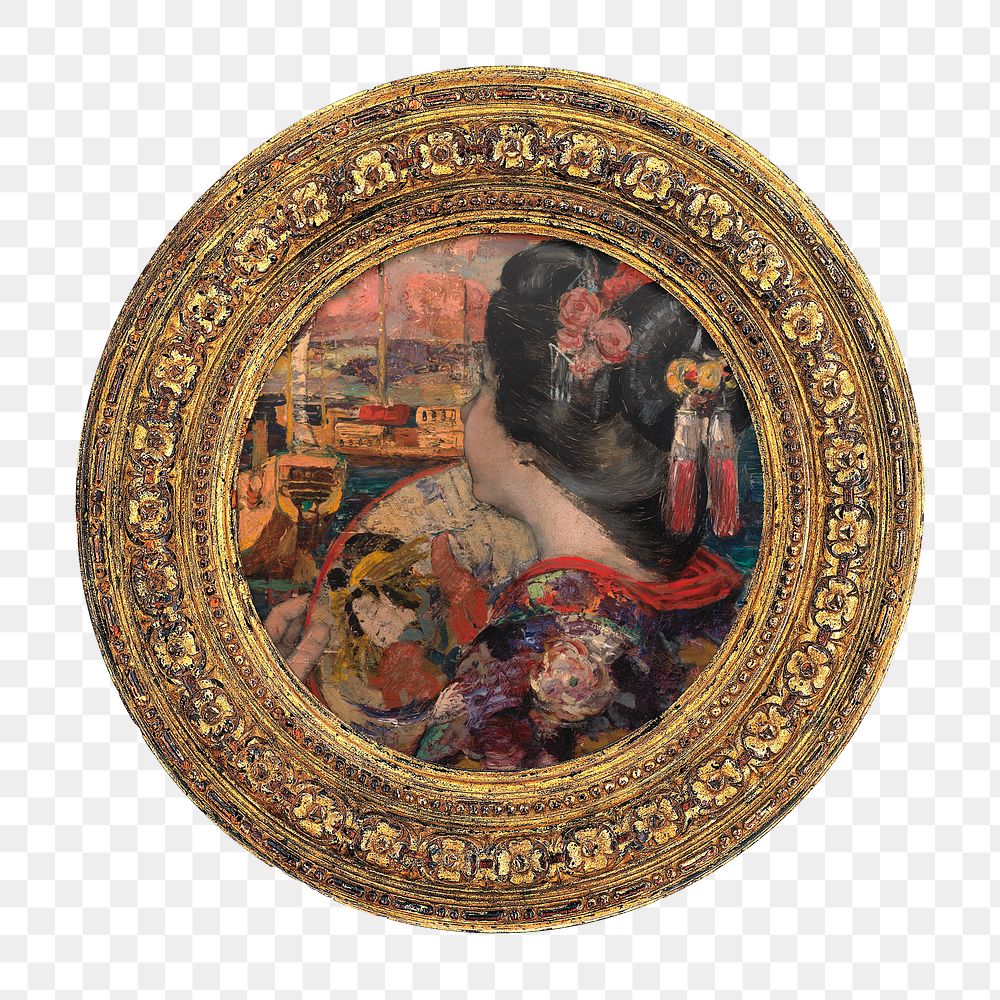 Round picture frame png, gold with The Balcony, Yokohama painting on transparent background. Remixed by rawpixel.