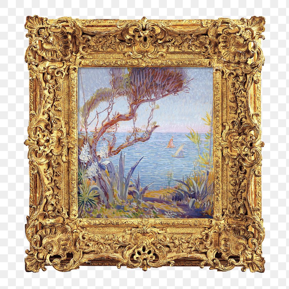 Gold picture png frame, with William de Leftwich Dodge's painting on transparent background. Remixed by rawpixel.
