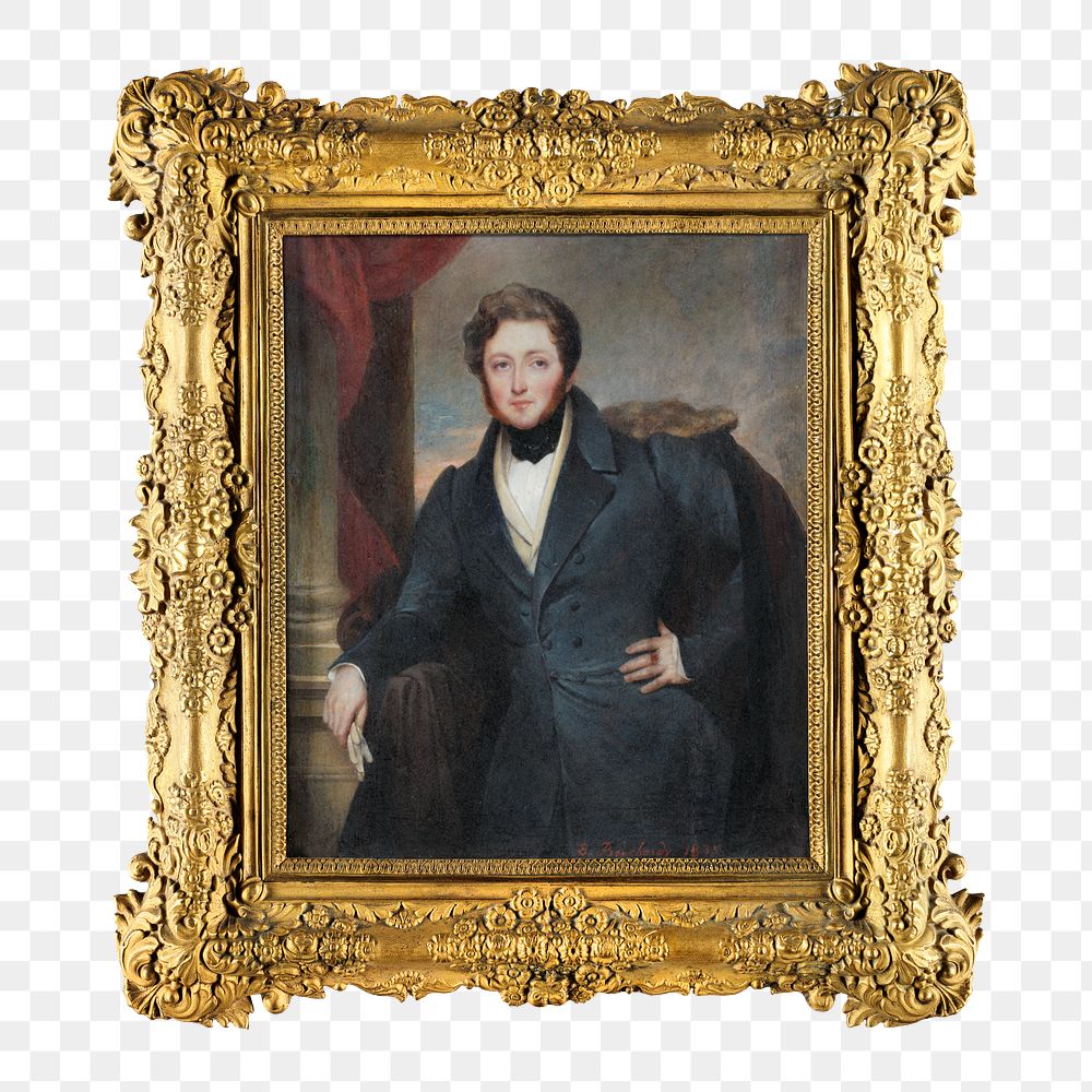 Gold picture png frame, with Portrait of Thomas Pennant Barton on transparent background. Remixed by rawpixel.
