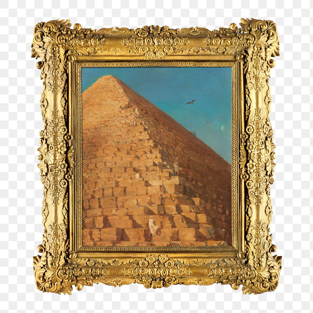 Gold picture frame png, with The Great Pyramid painting on transparent background. Remixed by rawpixel.