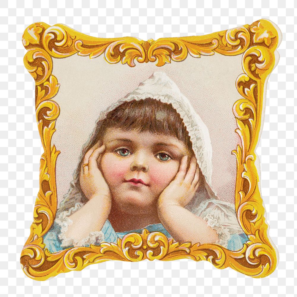 Framed vintage png little girl painting, transparent background. Remixed by rawpixel.