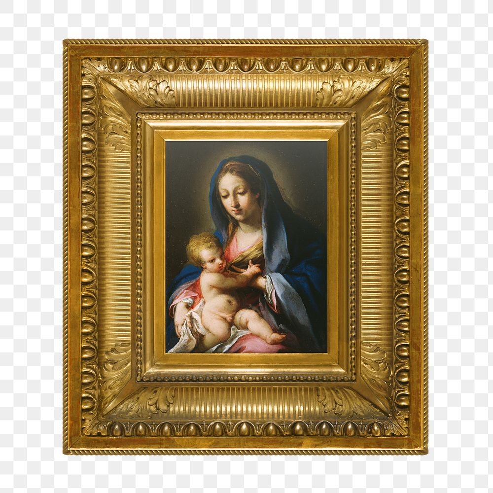 Gold picture frame png, with Virgin and Child painting on transparent background. Remixed by rawpixel.