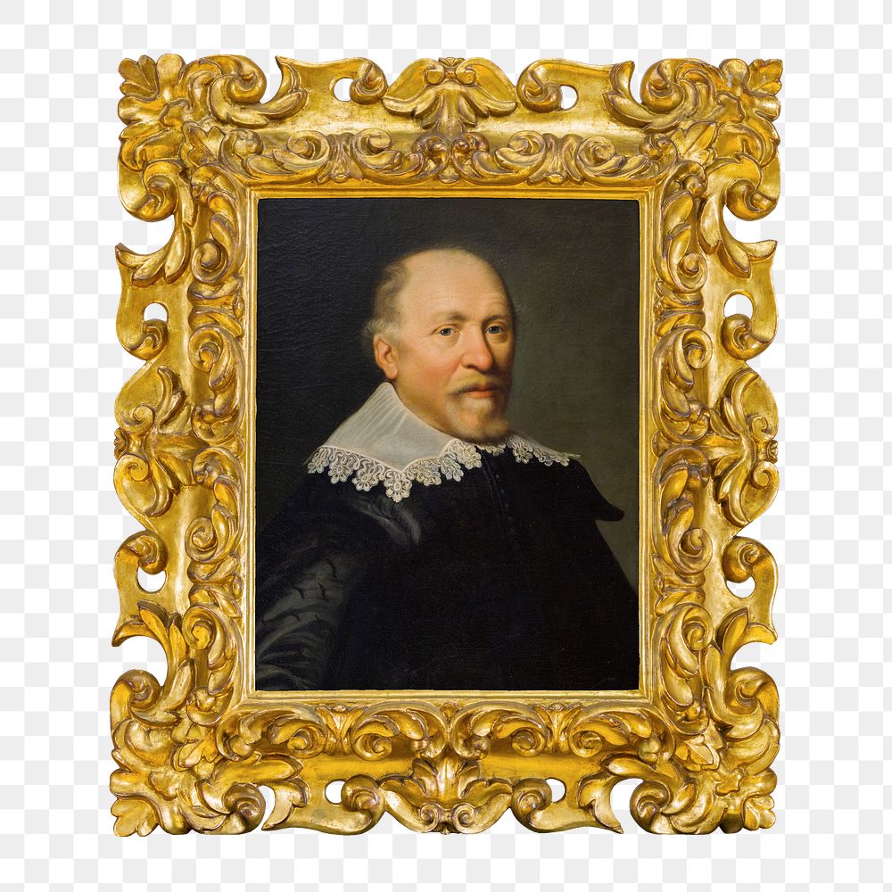 Gold picture frame png, with Portrait of a Man on transparent background. Remixed by rawpixel.