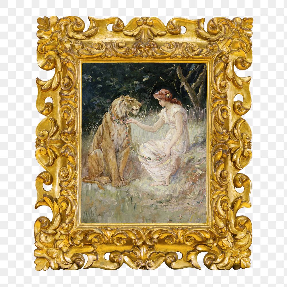 Gold picture frame png, with Tiger and a Lady painting on transparent background. Remixed by rawpixel.